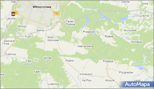 mapa Nieznanowice gmina Włoszczowa, Nieznanowice gmina Włoszczowa na mapie Targeo