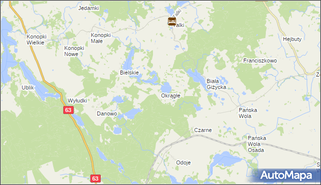 mapa Okrągłe gmina Wydminy, Okrągłe gmina Wydminy na mapie Targeo
