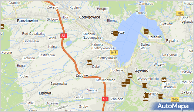 mapa Pietrzykowice gmina Łodygowice, Pietrzykowice gmina Łodygowice na mapie Targeo