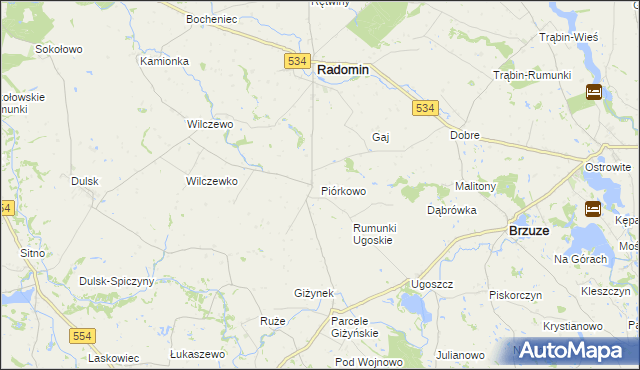 mapa Piórkowo gmina Radomin, Piórkowo gmina Radomin na mapie Targeo