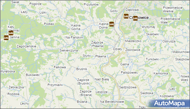 mapa Pławna gmina Ciężkowice, Pławna gmina Ciężkowice na mapie Targeo