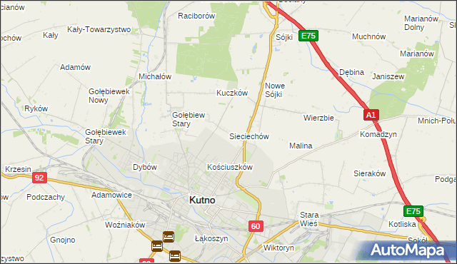 mapa Sieciechów gmina Kutno, Sieciechów gmina Kutno na mapie Targeo