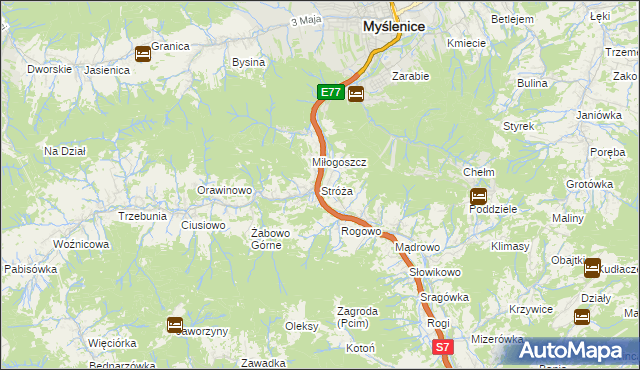 mapa Stróża gmina Pcim, Stróża gmina Pcim na mapie Targeo