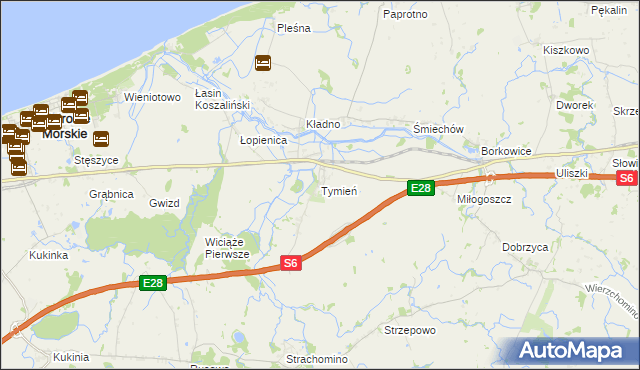 mapa Tymień gmina Będzino, Tymień gmina Będzino na mapie Targeo