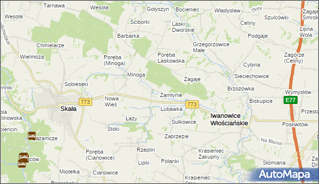 mapa Zamłynie gmina Skała, Zamłynie gmina Skała na mapie Targeo