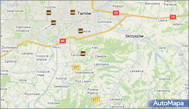 mapa Zawada gmina Tarnów, Zawada gmina Tarnów na mapie Targeo