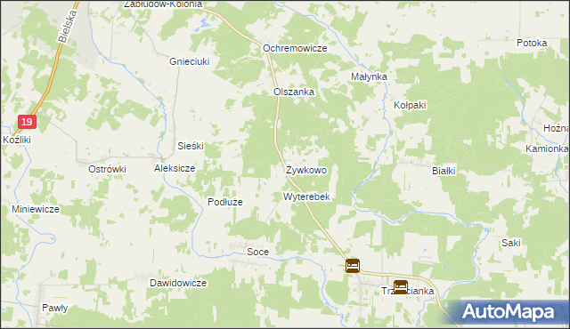 mapa Żywkowo gmina Zabłudów, Żywkowo gmina Zabłudów na mapie Targeo