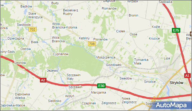 mapa Moszczenica gmina Zgierz, Moszczenica gmina Zgierz na mapie Targeo