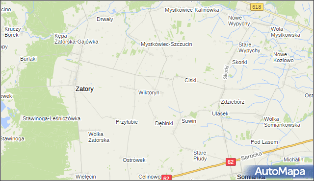 mapa Dębiny gmina Zatory, Dębiny gmina Zatory na mapie Targeo