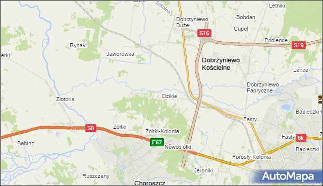 mapa Dzikie gmina Choroszcz, Dzikie gmina Choroszcz na mapie Targeo