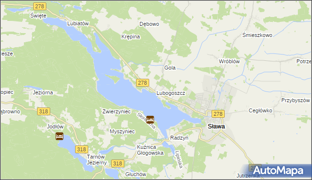 mapa Lubogoszcz gmina Sława, Lubogoszcz gmina Sława na mapie Targeo