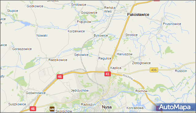 mapa Regulice gmina Nysa, Regulice gmina Nysa na mapie Targeo