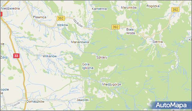 mapa Szklary gmina Bystrzyca Kłodzka, Szklary gmina Bystrzyca Kłodzka na mapie Targeo