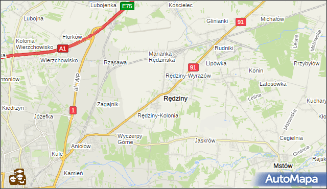 mapa Rędziny powiat częstochowski, Rędziny powiat częstochowski na mapie Targeo