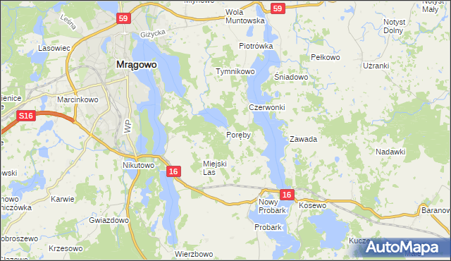 mapa Poręby gmina Mrągowo, Poręby gmina Mrągowo na mapie Targeo