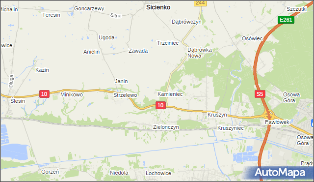 mapa Kamieniec gmina Sicienko, Kamieniec gmina Sicienko na mapie Targeo