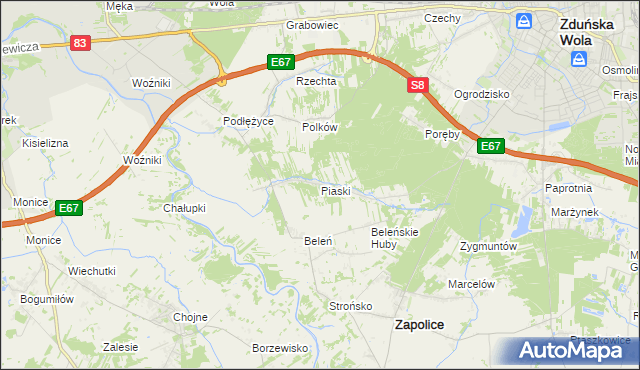 mapa Piaski gmina Zduńska Wola, Piaski gmina Zduńska Wola na mapie Targeo