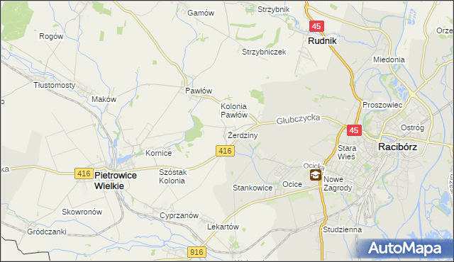 mapa Żerdziny gmina Pietrowice Wielkie, Żerdziny gmina Pietrowice Wielkie na mapie Targeo