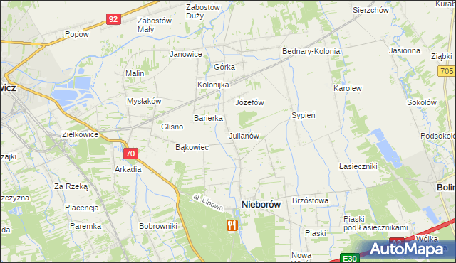 mapa Julianów gmina Nieborów, Julianów gmina Nieborów na mapie Targeo