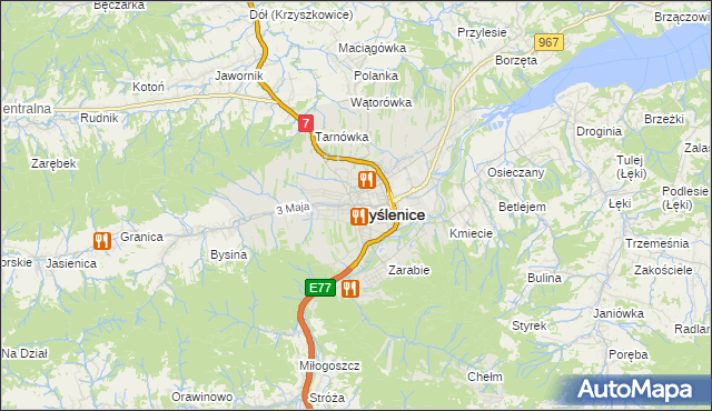 mapa Myślenice, Myślenice na mapie Targeo