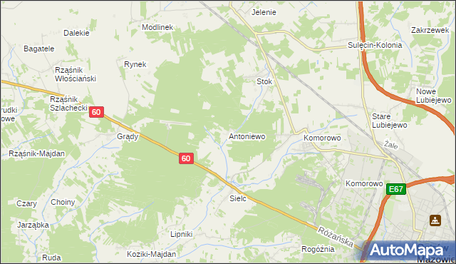 mapa Antoniewo gmina Ostrów Mazowiecka, Antoniewo gmina Ostrów Mazowiecka na mapie Targeo