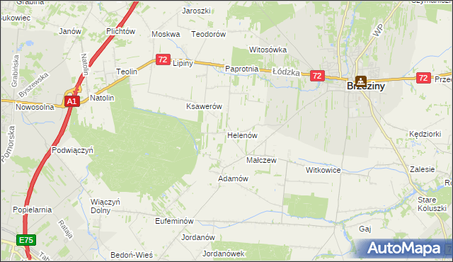 mapa Helenów gmina Brzeziny, Helenów gmina Brzeziny na mapie Targeo