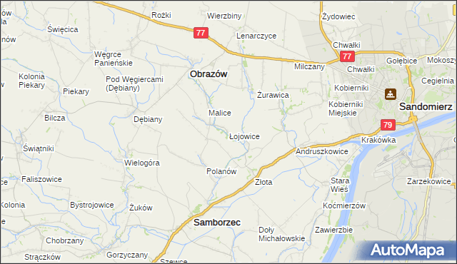 mapa Łojowice gmina Samborzec, Łojowice gmina Samborzec na mapie Targeo