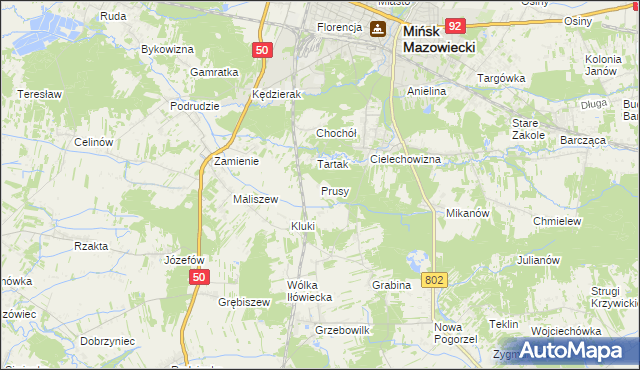 mapa Prusy gmina Mińsk Mazowiecki, Prusy gmina Mińsk Mazowiecki na mapie Targeo