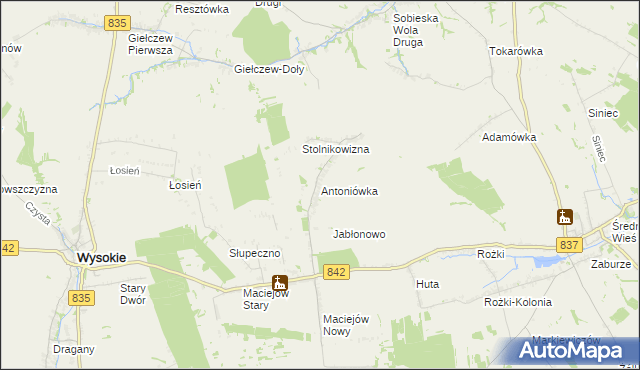 mapa Antoniówka gmina Wysokie, Antoniówka gmina Wysokie na mapie Targeo