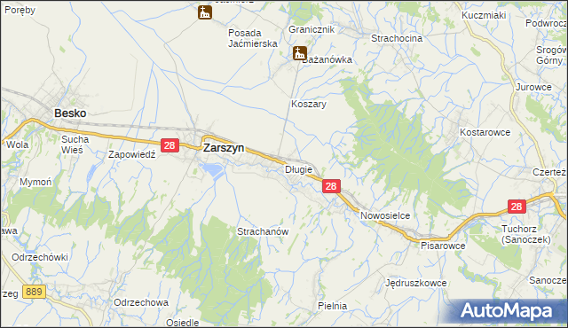 mapa Długie gmina Zarszyn, Długie gmina Zarszyn na mapie Targeo