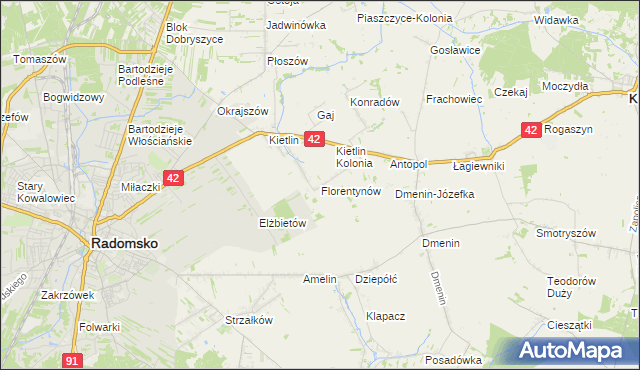 mapa Florentynów gmina Kodrąb, Florentynów gmina Kodrąb na mapie Targeo