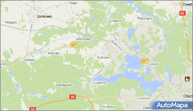 mapa Gutkowo gmina Jonkowo, Gutkowo gmina Jonkowo na mapie Targeo