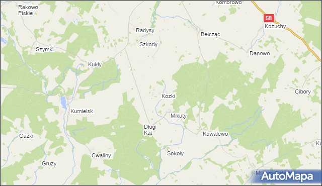mapa Kózki gmina Biała Piska, Kózki gmina Biała Piska na mapie Targeo
