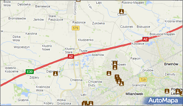mapa Adamów gmina Grodzisk Mazowiecki, Adamów gmina Grodzisk Mazowiecki na mapie Targeo