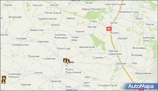 mapa Aleksandrów gmina Rybno, Aleksandrów gmina Rybno na mapie Targeo