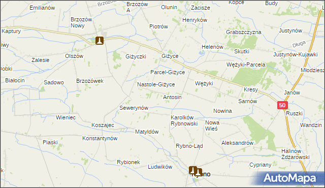 mapa Antosin gmina Rybno, Antosin gmina Rybno na mapie Targeo