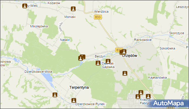 mapa Bęczyn gmina Urzędów, Bęczyn gmina Urzędów na mapie Targeo
