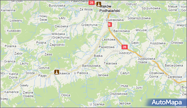 mapa Białka gmina Maków Podhalański, Białka gmina Maków Podhalański na mapie Targeo