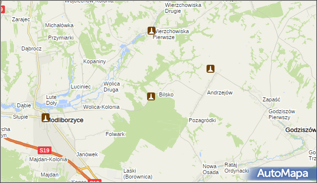 mapa Bilsko gmina Modliborzyce, Bilsko gmina Modliborzyce na mapie Targeo
