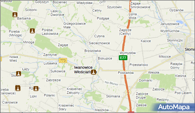 mapa Biskupice gmina Iwanowice, Biskupice gmina Iwanowice na mapie Targeo