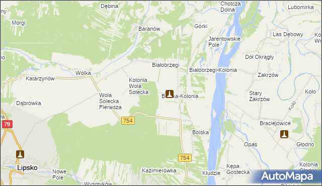 mapa Boiska-Kolonia gmina Solec nad Wisłą, Boiska-Kolonia gmina Solec nad Wisłą na mapie Targeo