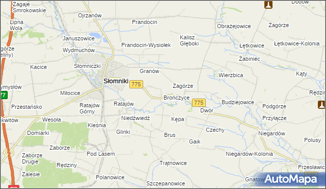 mapa Brończyce gmina Słomniki, Brończyce gmina Słomniki na mapie Targeo