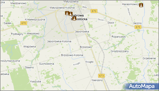 mapa Brzozowo gmina Dąbrowa Białostocka, Brzozowo gmina Dąbrowa Białostocka na mapie Targeo