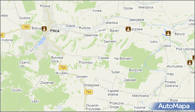 mapa Cisowa gmina Pilica, Cisowa gmina Pilica na mapie Targeo