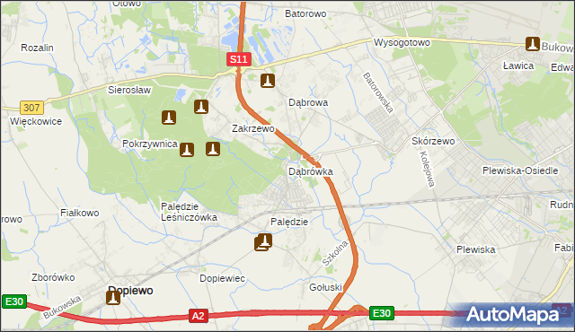 mapa Dąbrówka gmina Dopiewo, Dąbrówka gmina Dopiewo na mapie Targeo