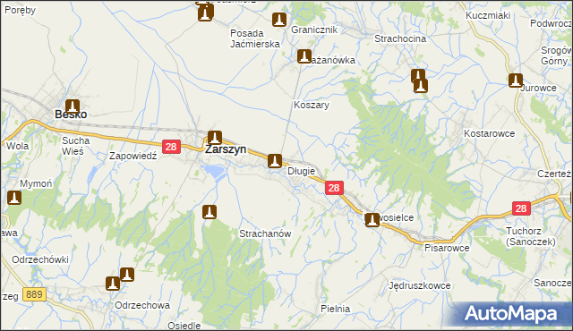 mapa Długie gmina Zarszyn, Długie gmina Zarszyn na mapie Targeo