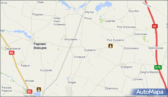 mapa Dubielno gmina Papowo Biskupie, Dubielno gmina Papowo Biskupie na mapie Targeo
