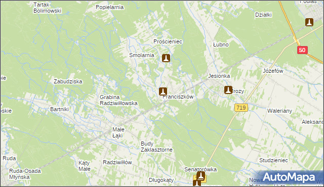 mapa Franciszków gmina Wiskitki, Franciszków gmina Wiskitki na mapie Targeo
