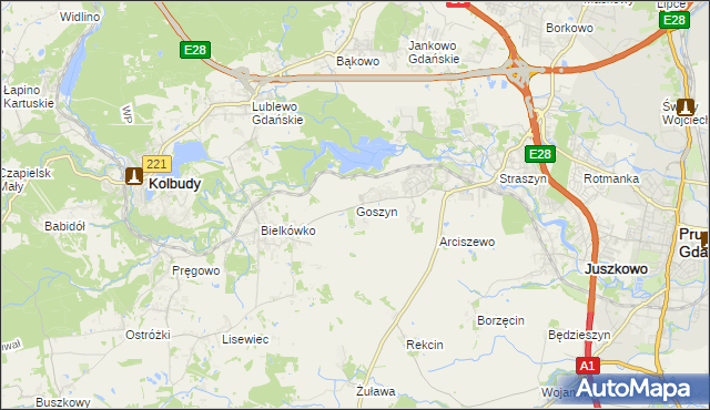 mapa Goszyn gmina Pruszcz Gdański, Goszyn gmina Pruszcz Gdański na mapie Targeo