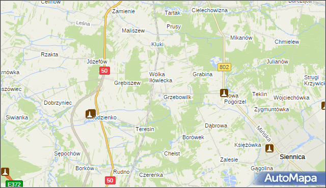 mapa Grzebowilk gmina Siennica, Grzebowilk gmina Siennica na mapie Targeo